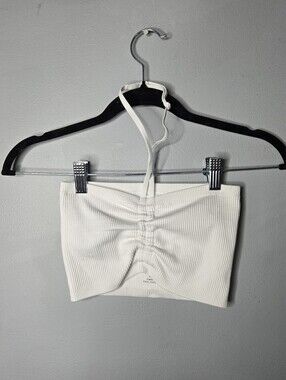 Aerie Real Good White Ribbed Ruched Halter Bandeau Crop Top S Coastal Beachy Y2k